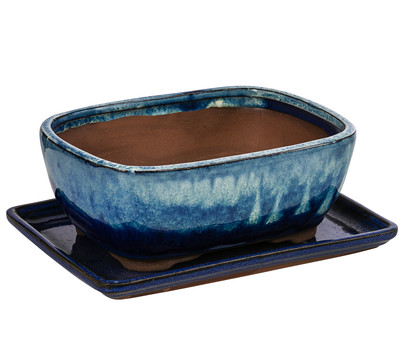 Dehner Keramik-Bonsaischale, rechteckig, blau/beige