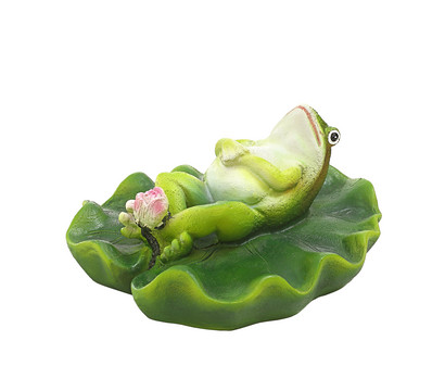 Dehner Polyresin-Schwimmfigur Frosch auf Rücken liegend auf Lotusblatt, ca. B13,5/H6/T11 cm