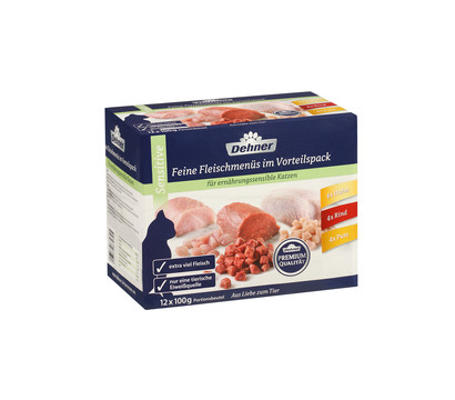 Dehner Premium Nassfutter für Katzen Feine Fleischmenüs im Vorteilspack Sensitive Adult, 12 x 100 g