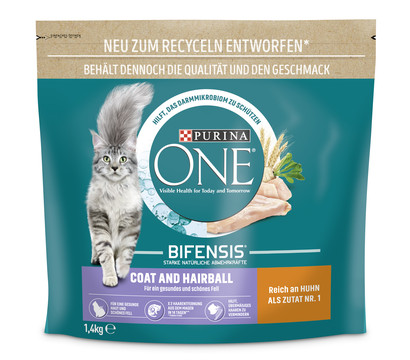 PURINA ONE® Trockenfutter für Katzen Coat & Hairball, Adult, Huhn, 1,4 kg