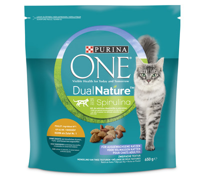 PURINA ONE® Trockenfutter für Katzen DualNature, Adult, Spirulina & Huhn, 650 g