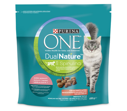 PURINA ONE® Trockenfutter für Katzen DualNature, Adult, Spirulina & Lachs, 650 g