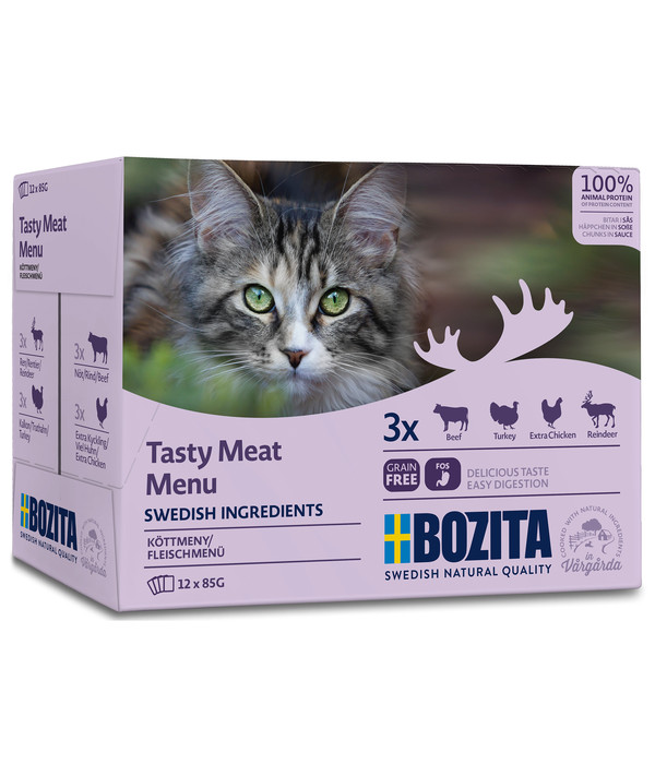 BOZITA Nassfutter für Katzen Multibox Fleisch Häppchen in Soße, 12 x 85 g