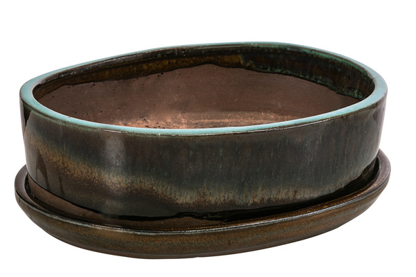 Dehner Keramik-Bonsaischale, oval, türkis/orange, ca. B20,5/H6/T16 cm