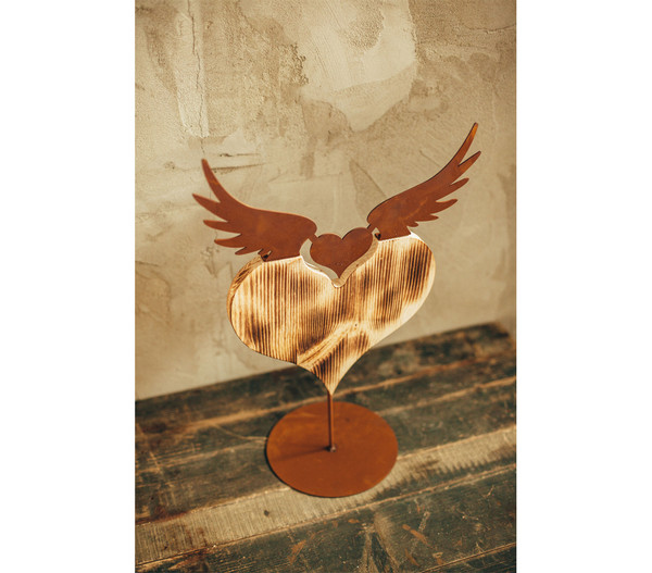 Ferrum Holz-Herz mit Metall-Flügeln, rost, ca. B36/H51 cm