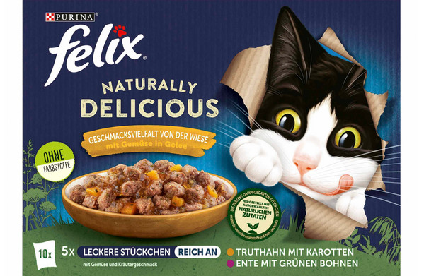 PURINA felix® Nassfutter für Katzen Naturally Delicious Geschmacksvielfalt von der Wiese, 10 x 80 g