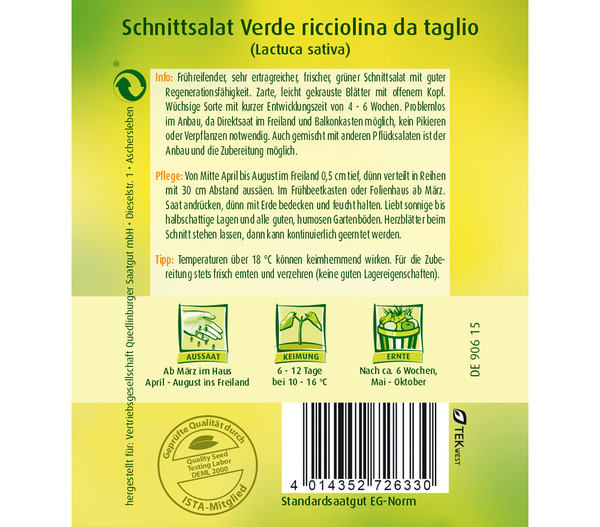Quedlinberger Samen Schnittsalat 'Verde ricciolina da taglio'