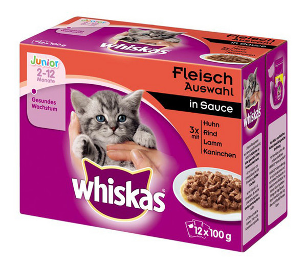 Whiskas® Nassfutter für Katzen Junior Fleischauswahl in Sauce, 12 x 100 g